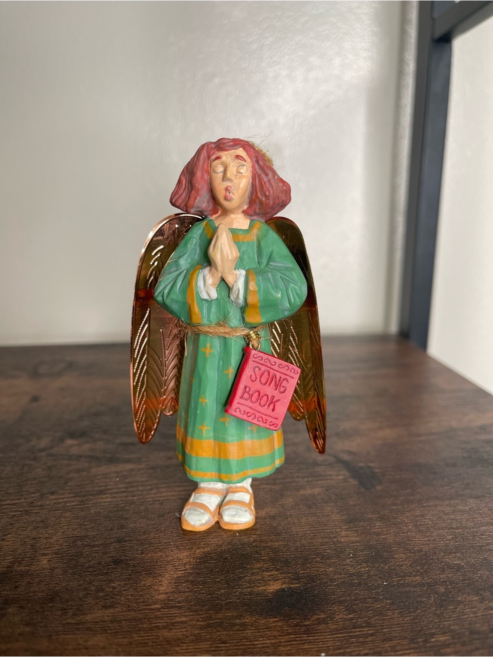 Abrand Green Angel Figurine with Gold Wings and Pink Songbook